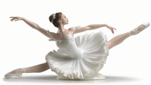 A ballerina in a white tutu performs an elegant grand battement on pointe.