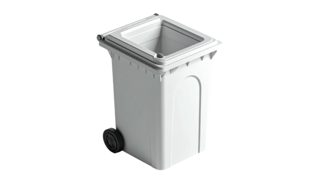 Isometric view of a white rectangular trash container with wheels