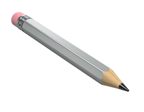 A digitally rendered, gleaming grey pencil with a pink eraser and sharpened tip