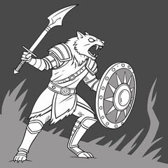 Ferocious Cat Warrior Armored Heavily Wielding Spear and Shield