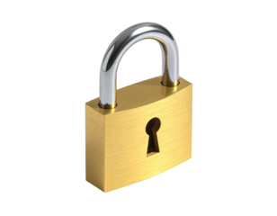 Gold padlock with a shiny silver shackle, isolated on a black background