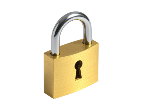 Gold padlock with a shiny silver shackle, isolated on a black background