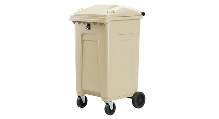 Large beige plastic rolling trash bin with lid and wheels isolated on white background, perfect for waste disposal and recycling