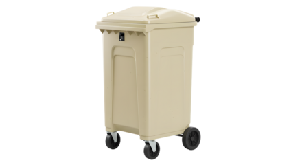 Large beige plastic rolling trash bin with lid and wheels isolated on white background, perfect for waste disposal and recycling
