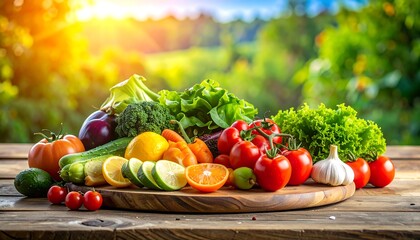 Colorful array of fresh vegetables and fruits on a wooden platter, bathed in sunlight, with a blurred background of nature