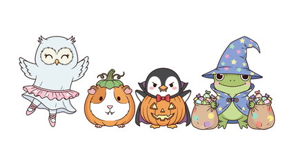 Adorable Halloween Crew: A charming group of cartoon animals dressed up in Halloween costumes and ready for a spooky and fun celebration. 