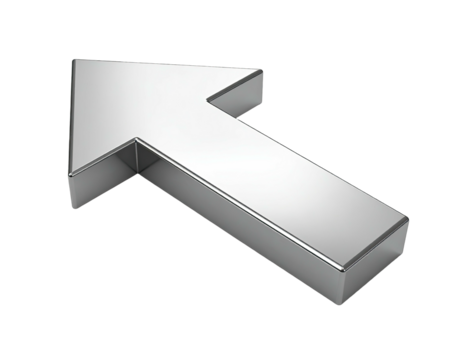 Metallic, three-dimensional arrow pointing up and slightly right, on black background