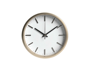 A round clock with gold frame, white face, and black hands, on a black background