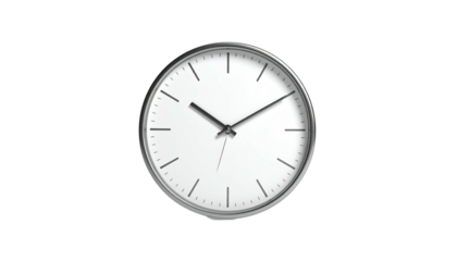 A sleek, round clock with a white face, black hands, and a silver rim