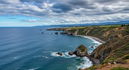 Coastal landscape scenic view under cloudy sky wide angle ocean cliff horizon