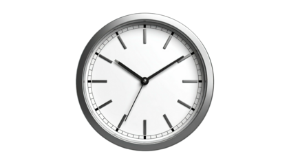 A sleek, modern clock with a silver bezel and minimalist design