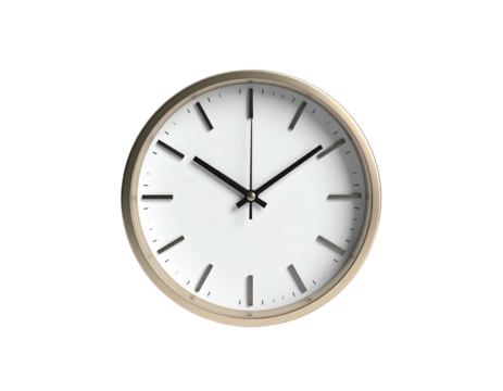 A round clock with gold frame, white face, and black hands, on a black background