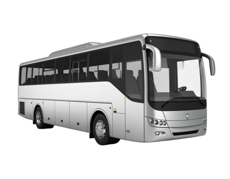 A silver passenger bus, side view, with many windows and black interior, isolated