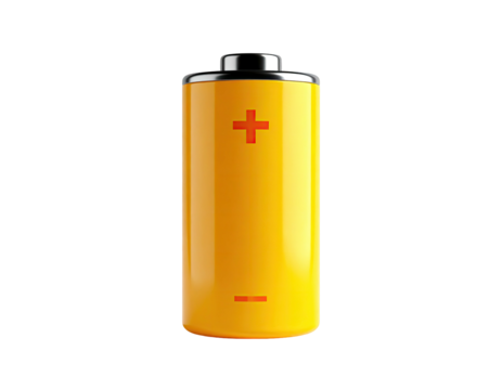Isolated image of a cylindrical battery, yellow body, with positive and negative terminals