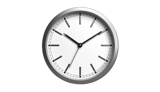 A sleek, modern clock with a silver bezel and minimalist design