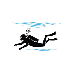 silhouette of a scuba diver swimming underwater