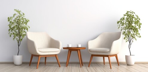 A cozy waiting area featuring two cream-colored armchairs, a small wooden table, and lush greenery, bathed in a calming light.