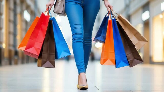 Woman walking with shopping bags in a mall, consumerism concept