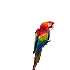 Naklejka premium Vibrant scarlet macaw parrot perched on a branch against a white background