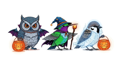 Naklejka premium Halloween Birds: A whimsical Halloween scene showcasing three uniquely designed birds, each with its distinct charm and festive costume, holding pumpkin treat bucket ready for trick-or-treating.