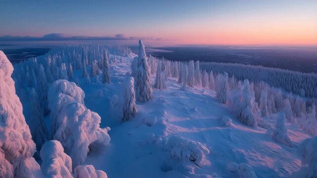 雪に覆われた山岳地帯と針葉樹林が夕焼けに染まる冬の高地風景