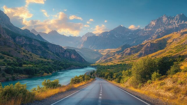 Scenic mountain landscape with a winding river beside a two-lane road under a bright sky with scattered clouds at sunset