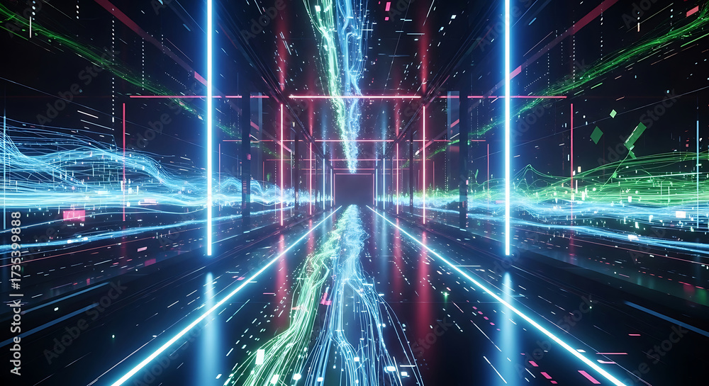 Wall mural abstract digital corridor with blue and green light streams and rectangular frames background