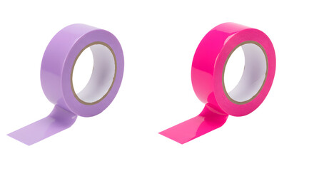 Purple and pink adhesive tape rolls isolated on white background, colorful sticky tape for crafting and packaging