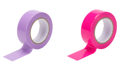 Purple and pink adhesive tape rolls isolated on white background, colorful sticky tape for crafting and packaging
