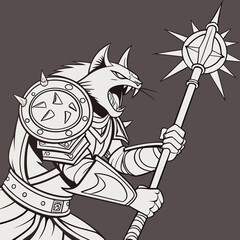 A Ferocious Cat Warrior in Heavy Armor Wielding a Mace, Ready for Battle