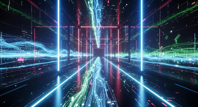 Abstract Digital Corridor with Blue and Green Light Streams and Rectangular Frames background