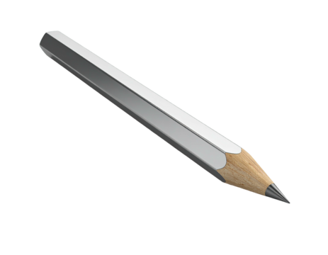 Isometric view of a graphite pencil, wooden core, shiny grey finish, black background