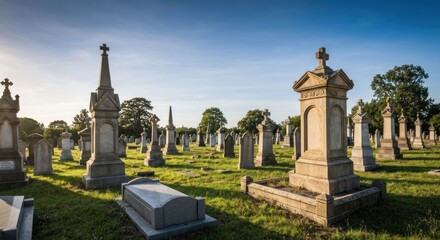Sunlit cemetery with numerous headstones