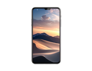 Front view of a modern smartphone displaying a desert sunset landscape