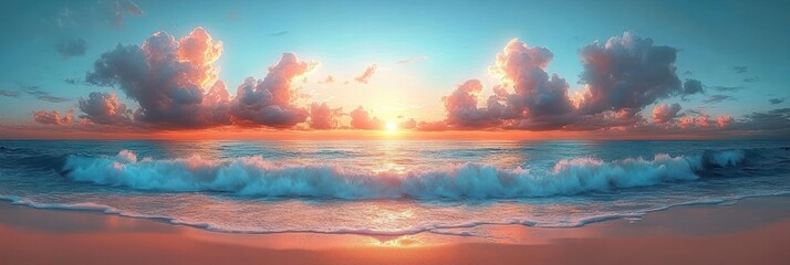 Serene sunrise over ocean waves crashing onto a sandy beach under vibrant colorful clouds
