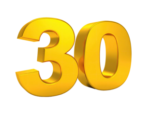 Golden 3D render of the number 30, isolated on a solid black background