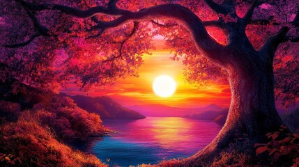 Colorful sunset framed by tree branches over a calm body of water near rolling hills