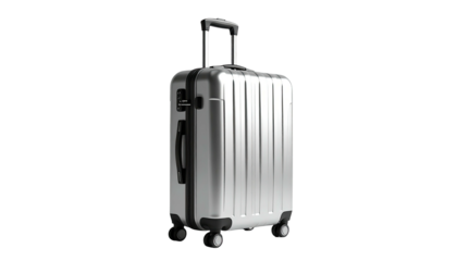 A shiny, silver hard-sided rolling suitcase, against a stark black background