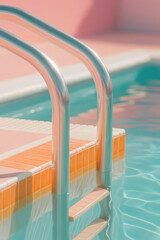 Swimming Pool Ladder with Pastel Colors, Turquoise Water, Pink and Orange Tiles, Summer Lifestyle, Vintage, Retro Pool Design, Leisure Activity, Vacation Concept, Minimalist Composition, Relax