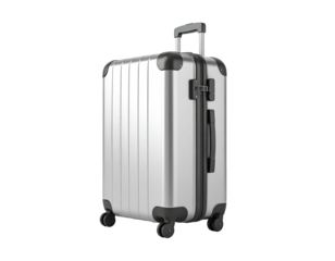 Modern, silver carry-on suitcase with a retractable handle and wheels