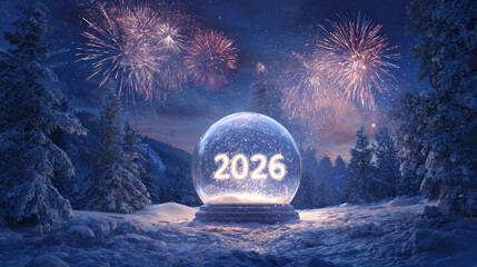 New Year 2026 Snow Globe and Fireworks: A mesmerizing snow globe with the number 2026 glitters amidst a snowy landscape, illuminated by vibrant fireworks bursts.