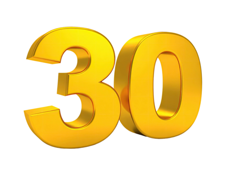 Golden 3D render of the number 30, isolated on a solid black background