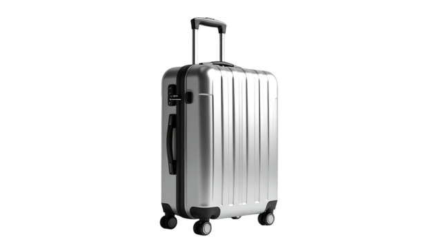 A shiny, silver hard-sided rolling suitcase, against a stark black background