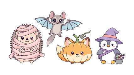 Enchanting Halloween Creatures: A whimsical illustration showcases a delightful assortment of adorable Halloween characters, including a charming hedgehog mummy, a soaring bat, a foxy pumpkin.