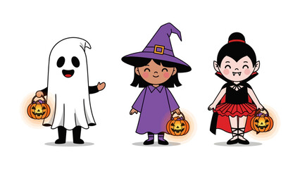 Halloween Fun: A trio of costumed figures ready for Halloween fun, featuring a cheerful ghost, a whimsical witch, and a charming vampire, each holding a festive jack-o'-lantern.