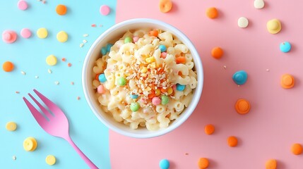 Veggie-packed mac and cheese for kids with colorful toppings on a bright background