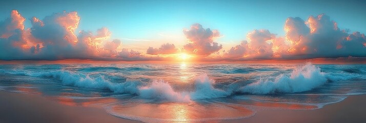 Calm ocean waves gently crashing onto a sandy beach under a vibrant sky with glowing clouds during a picturesque sunset