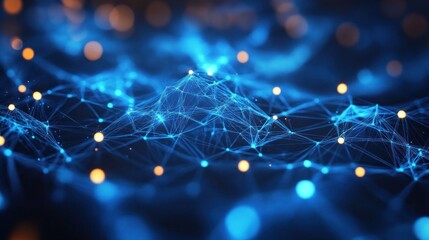 Abstract digital network of interconnected blue glowing nodes and lines with floating orange light points on a dark background representing complex connectivity