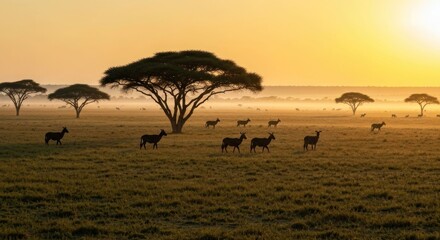 Sunrise savanna; silhouettes of antelopes