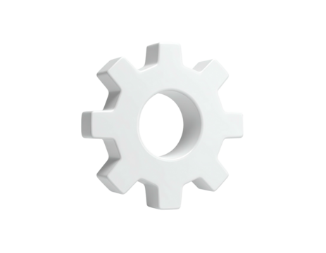 A 3D-rendered white gear symbol, isolated against a black background